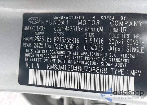 2008 Hyundai Tucson Gls z USA, uszkodzony, nr VIN KM8JM12B48U706868